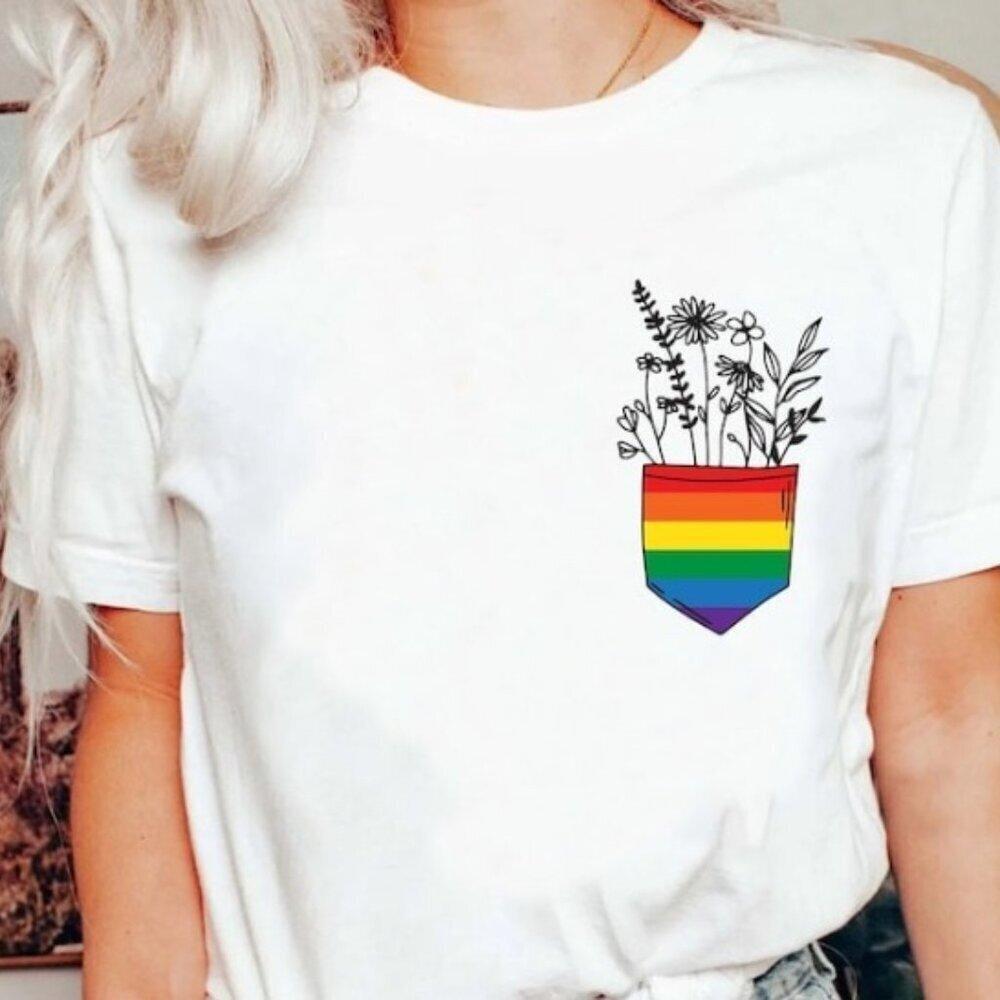 Pride Month Pocket Flowers Bisexual Gay Lesbian Ally Floral Tee T-Shirt